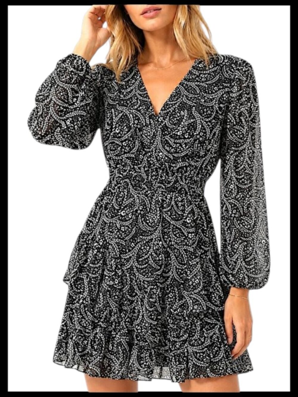 Aqua Black White Floral Ruffle Mini Dress Long Sleeve XS